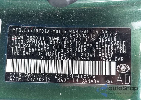 2016 Toyota Corolla Le from USA, damaged, VIN 2T1BURHE3GC566249